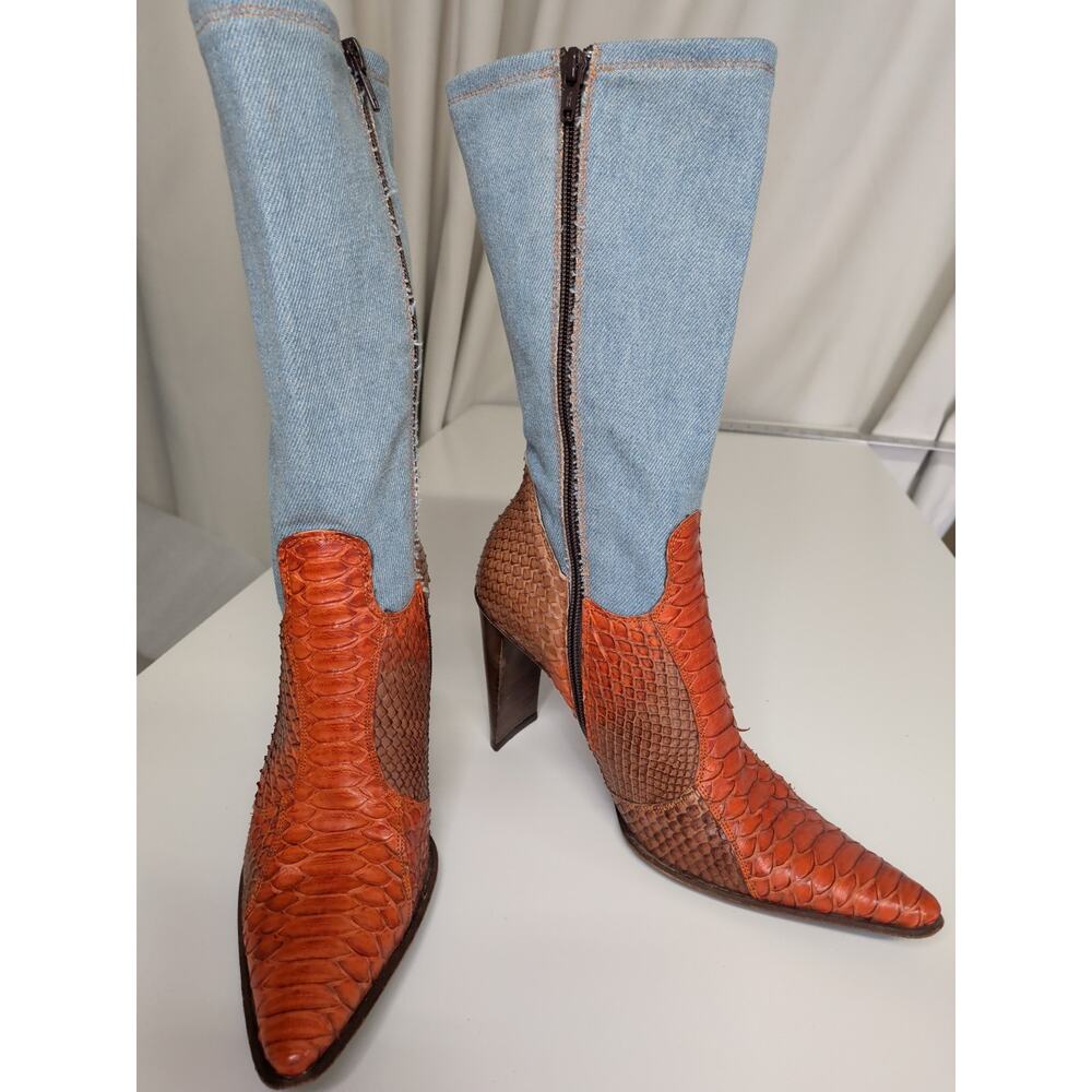 Y2K Fabrizio Mandolesi Orange Python & Denim Western Ankle Boots - Size EU 38